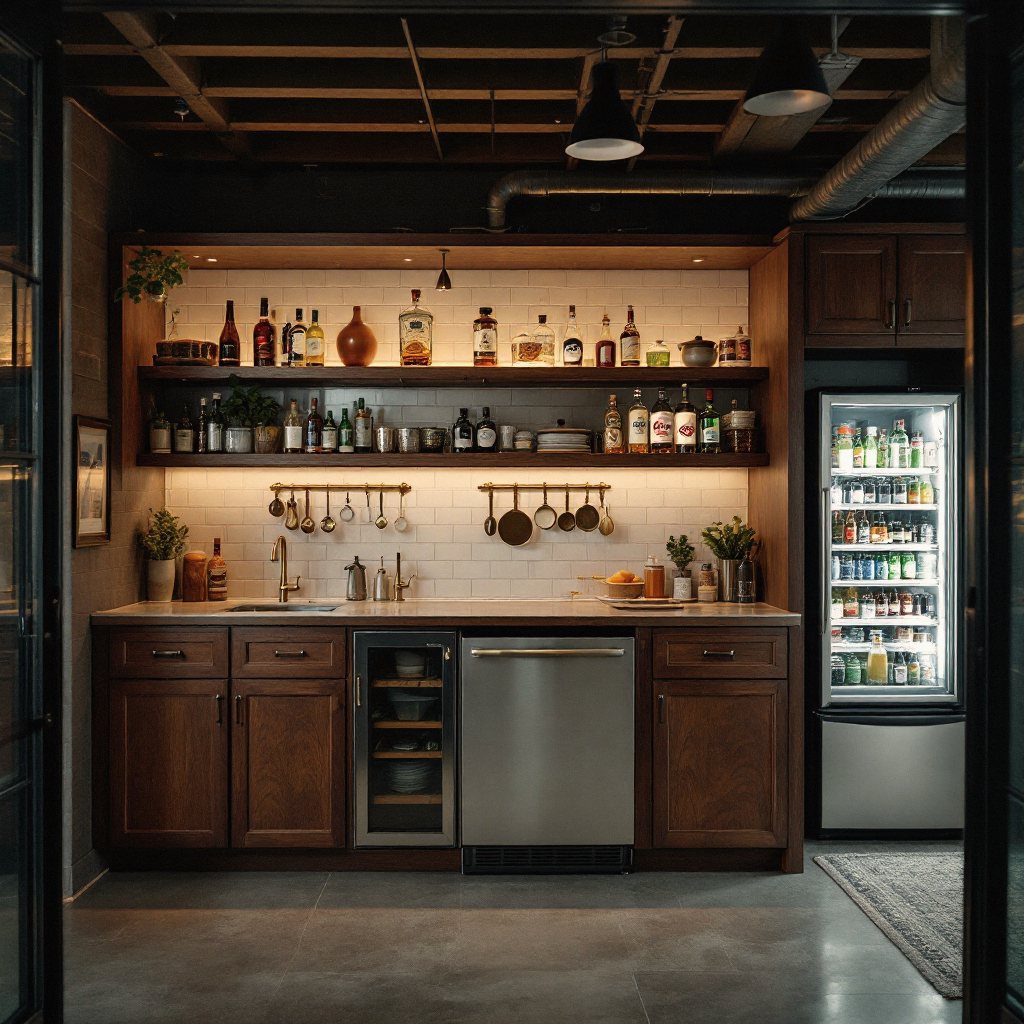 Basement wet bar with stone counter and open shelving