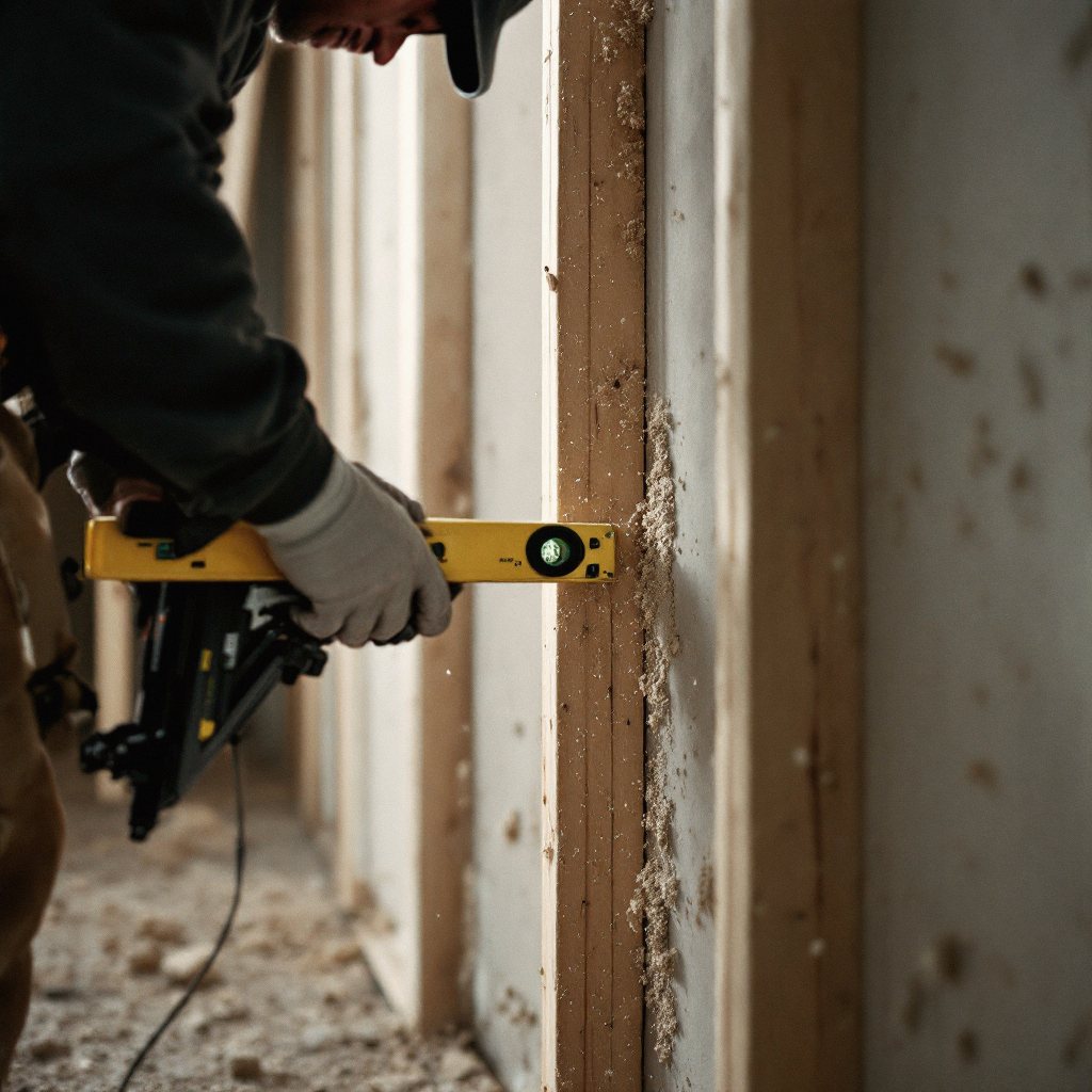 Carpenter framing a basement wall
