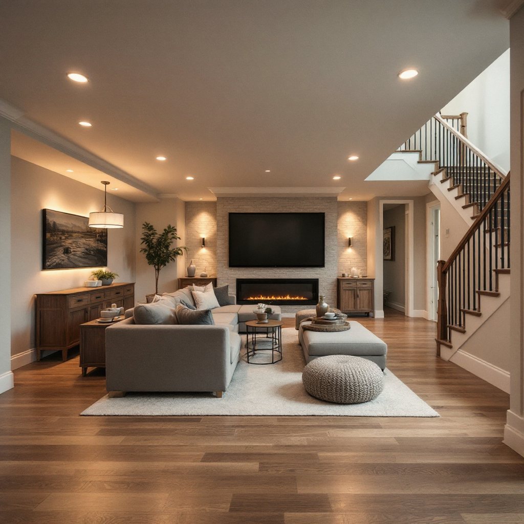 Warmly lit finished basement living area with stone accent wall